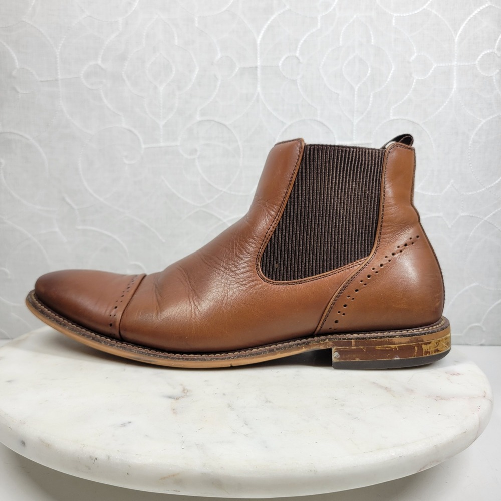 Stacy Adams Maury Chelsea Boots 11 Mens Brown Leather Cap Toe Brogue Dress Shoes
